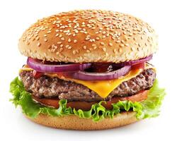 a hamburger with cheese, onions and lettuce background photo