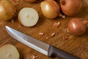 Onions on a cutting board photo