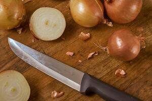 Onions on a cutting board photo