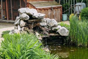 Artificial waterfall of stones and flowers in a landscaped green garden photo