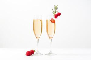 Two glasses of champagne with raspberries and rosemary photo