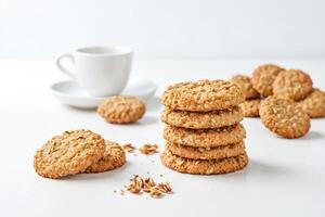 Close up of a stack of oatmeal cookies on a white surface with a cup of coffee in the background photo