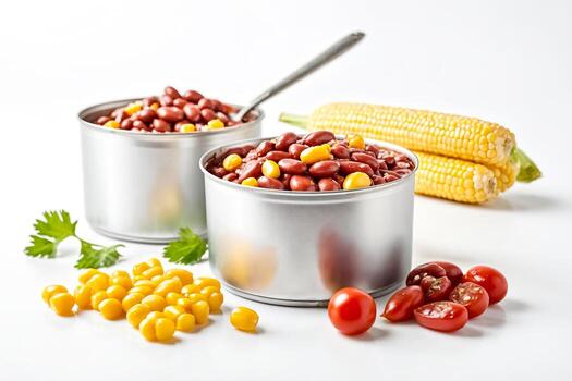 Enlatado frijoles y maíz con Fresco Tomates y maíz en el mazorca foto
