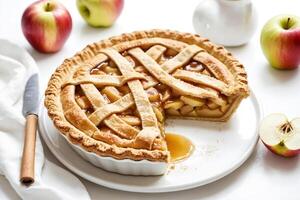 Close-up of Delicious Apple Pie with a Sliver Missing photo