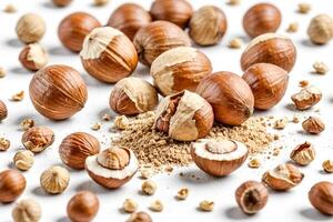 Close-up of Hazelnuts and Hazelnut Flour on White Background photo