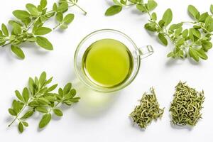 Cup of Green Tea with Fresh and Dried Leaves photo