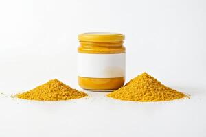 Jar of Yellow Sauce with Powdered Spice photo