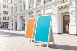 Blank A-Frame Signboards in Front of a White Building photo