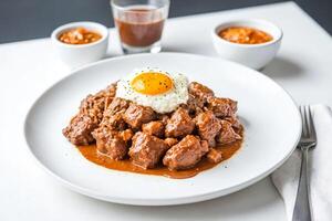 Closeup of Beef Stew with Fried Egg on Rice photo