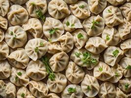 A Plentiful Array of Fresh Dumplings Garnished with Parsley. background, texture photo