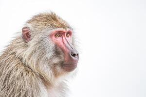 Close-up portrait of a baboon with a white background photo