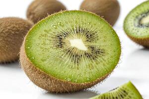 Freshly Sliced Kiwi with Whole and Halved Kiwis in the Background photo