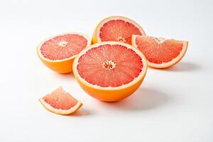 Close Up of Fresh Grapefruit Halves and Slices on White Background photo