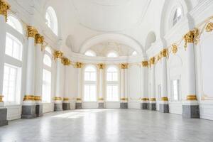 Empty White Room With Arched Windows And Gold Trim photo