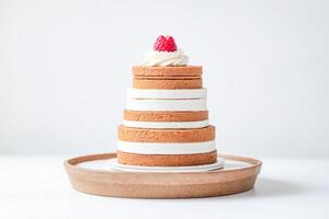 Layered Sponge Cake with Cream and a Raspberry Topping photo