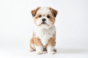 Adorable Fluffy Puppy Sitting On White Background photo