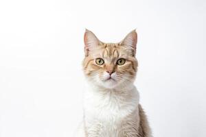 White and ginger cat with green eyes looking at camera photo