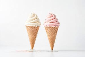 Two ice cream cones with strawberry ice cream on a white background photo