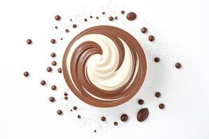 Milk and Dark Chocolate Swirl on White Background photo
