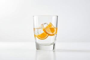 Glass of water with orange slices and ice cubes photo