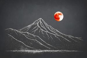 Chalkboard Drawing of a Mountain Range Under a Red Moon photo