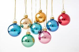 Colorful Christmas Baubles Hanging on White Background photo