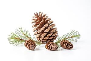 Pine Cones and Sprig on White Background photo