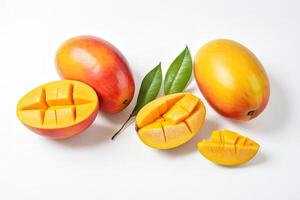 Ripe Mangoes with Leaves on White Background photo
