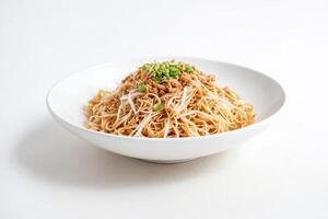 Close-up of a plate of noodles with a white background photo