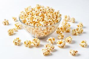 Close Up of a Bowl of Popcorn with Scattered Kernels photo