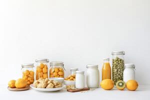 Still life with yellow fruit, milk, juice and cookies on a white background photo