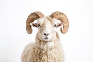 Portrait of a white ram with large curled horns photo
