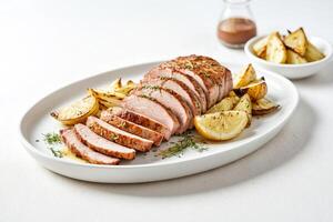 Sliced Roasted Pork Tenderloin with Lemon and Roasted Potatoes photo