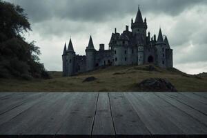 Rustic Wooden Table with Blurred Castle Background photo