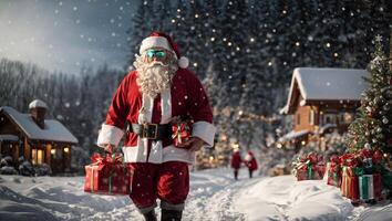 Papa Noel claus con regalos en invierno mundo maravilloso foto