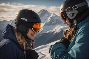 Two Skiers Looking at Each Other with Snowy Mountains in the Background photo