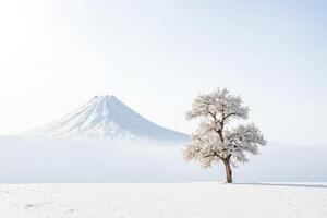 Lone Tree in Snowy Landscape with Mountain in Background photo