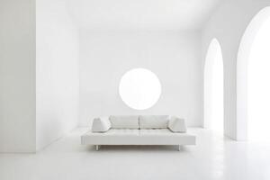 Minimalist White Sofa in Modern Room with Circular Window photo
