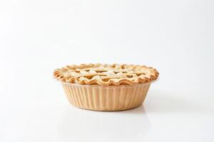 Freshly Baked Apple Pie in a Plastic Container on a White Background photo