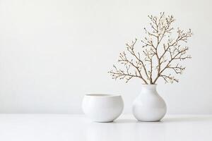 White Flower Branch in a White Vase on White Table photo