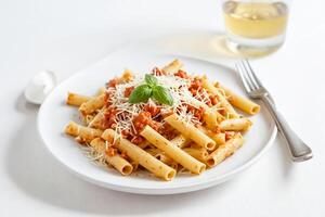 Pasta with tomato sauce and basil on white background photo