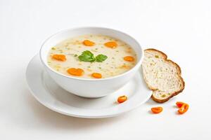 Bowl of Soup with Bread and Peppers photo