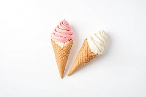Pink and White Ice Cream Cones on White Background photo