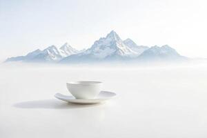 Empty Cup and Saucer in Front of Snowy Mountain Range photo
