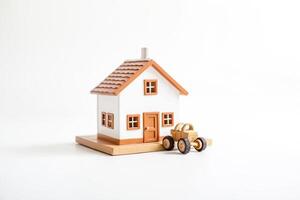 Miniature House with Toy Car on White Background photo