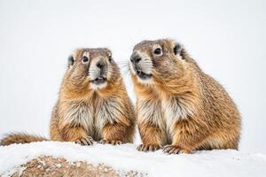 Two Marmots Sitting on a Snowy Rock photo