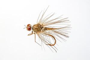 Closeup of a Brown Fly with Spiky Legs and Red Eyes on White Background photo