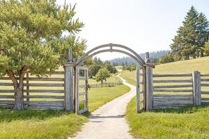 Rustic wooden gate opening to a dirt road in a green meadow photo
