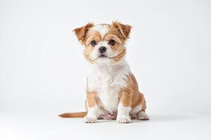 Cute puppy sitting on a white background photo