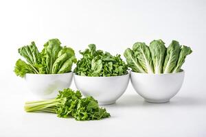 Fresh Green Leafy Vegetables in White Bowls photo